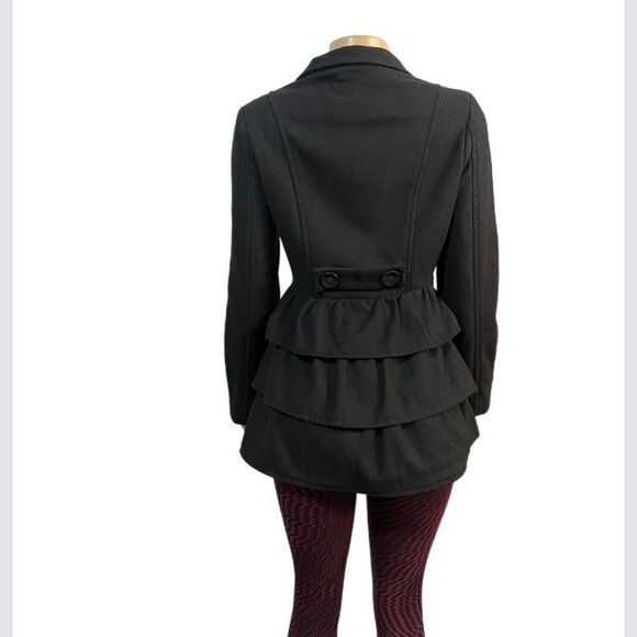 2B by Bebe Long Sleeve Tiered Coat Peacoat with Ruffles Black Small NWT - Picture 5 of 10